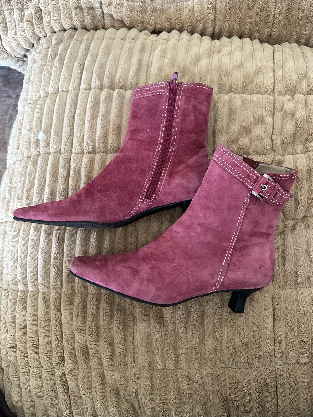 Women’s Pink Suede Ankle Booties with Side Zip and Buckle